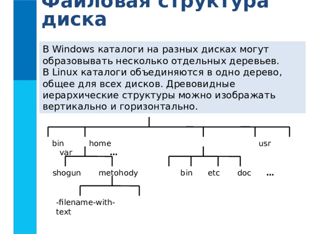 Файловая структура диска В Windows каталоги на разных дисках могут образовывать несколько отдельных деревьев. В Linux каталоги объединяются в одно дерево, общее для всех дисков. Древовидные иерархические структуры можно изображать вертикально и горизонтально. bin home usr var …  shogun metohody bin etc doc …  -filename-with- text 