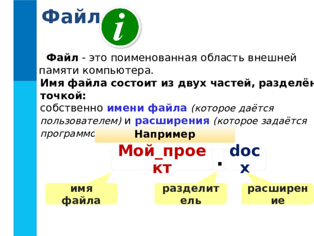 Файл  Файл - это поименованная область внешней памяти компьютера. Имя файла состоит из двух частей, разделённых точкой: собственно имени файла  (которое даётся пользователем)  и расширения  (которое задаётся программой автоматически) . Например Мой_проект . docx имя файла разделитель расширение 