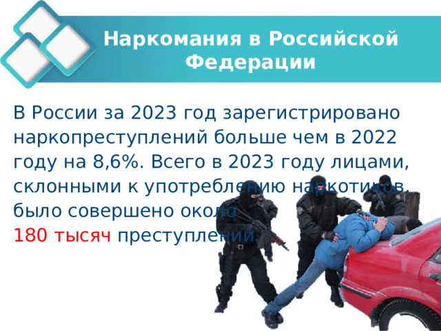 Наркомания в Российской Федерации В России за 2023 год зарегистрировано наркопреступлений больше чем в 2022 году на 8,6%. Всего в 2023 году лицами, склонными к употреблению наркотиков, было совершено около 180 тысяч преступлений. 