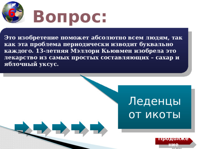6 Вопрос: Это изобретение поможет абсолютно всем людям, так как эта проблема периодически изводит буквально каждого. 13-летняя Мэллори Кьювмен изобрела это лекарство из самых простых составляющих – сахар и яблочный уксус. Леденцы от икоты Продолжение 