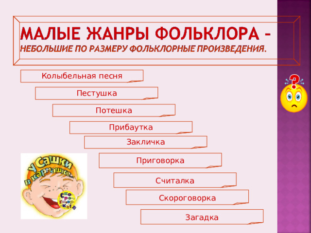 Колыбельная песня Пестушка Потешка Прибаутка Закличка Приговорка Считалка Скороговорка Загадка 