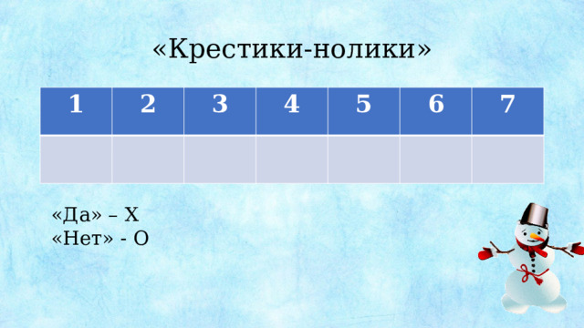«Крестики-нолики» 1 2 3 4 5 6 7 «Да» – Х «Нет» - О 