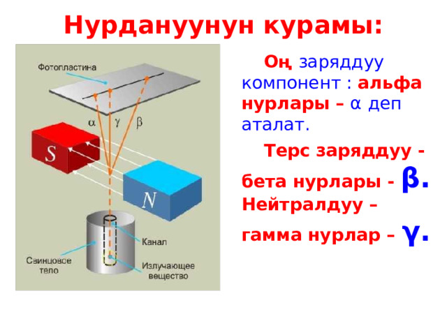 Нурдануунун курамы:   Оң заряддуу компонент : альфа нурлары – α  деп аталат.   Терс заряддуу - бета нурлары - β.  Нейтралдуу – гамма нурлар – γ.  