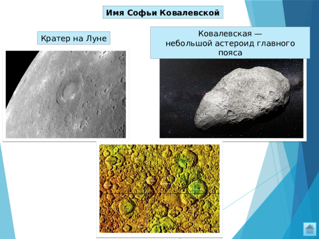 Имя Софьи Ковалевской Ковалевская — небольшой астероид главного пояса Кратер на Луне 