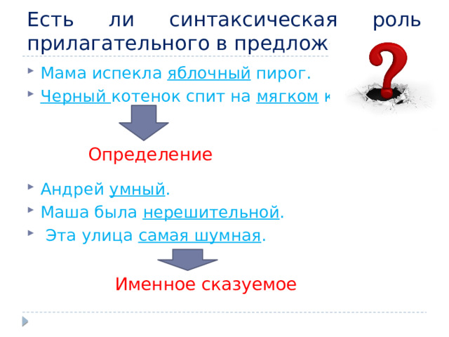 Есть ли синтаксическая роль прилагательного в предложении Мама испекла  яблочный  пирог.  Черный  котенок спит на  мягком  коврике. Андрей  умный . Маша была  нерешительной .  Эта улица  самая шумная . Определение Именное сказуемое Именное сказуемое  