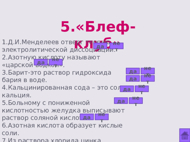 5.«Блеф-клуб» 1.Д.И.Менделеев отверг теорию электролитической диссоциации. 2.Азотную кислоту называют «царской водкой». 3.Барит-это раствор гидроксида бария в воде. 4.Кальцинированная сода – это соль кальция. 5.Больному с пониженной кислотностью желудка выписывают раствор соляной кислоты. 6.Азотная кислота образует кислые соли. 7.Из раствора хлорида цинка металлический цинк вытесняет водород. да нет нет да нет да да нет да нет да нет да нет 