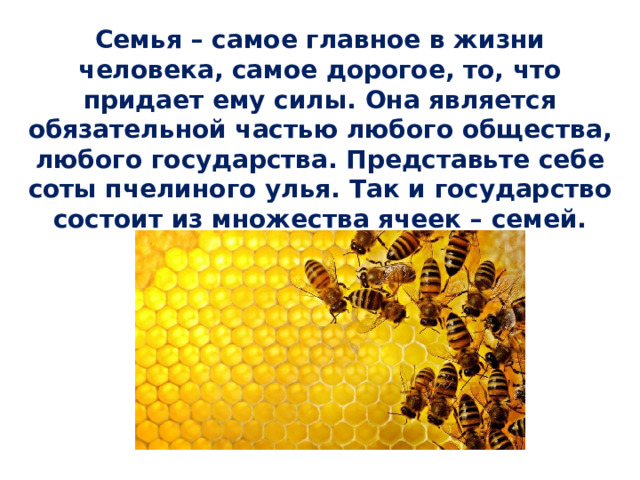 Семья – самое главное в жизни человека, самое дорогое, то, что придает ему силы. Она является обязательной частью любого общества, любого государства. Представьте себе соты пчелиного улья. Так и государство состоит из множества ячеек – семей. 