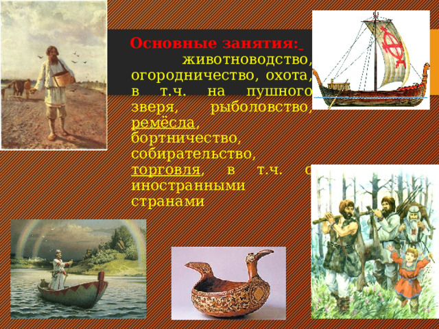Основные занятия:   животноводство, огородничество, охота, в т.ч. на пушного зверя, рыболовство, ремёсла , бортничество, собирательство, торговля , в т.ч. с иностранными странами 