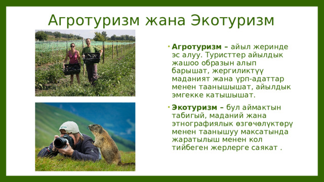 Агротуризм жана Экотуризм Агротуризм – айыл жеринде эс алуу. Туристтер айылдык жашоо образын алып барышат, жергиликтүү маданият жана үрп-адаттар менен таанышышат, айылдык эмгекке катышышат. Экотуризм – бул аймактын табигый, маданий жана этнографиялык өзгөчөлүктөрү менен таанышуу максатында жаратылыш менен кол тийбеген жерлерге саякат . 