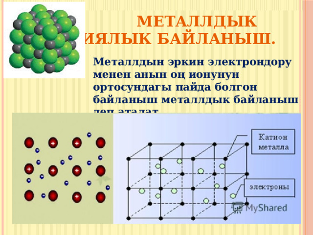  Металлдык химиялык байланыш. Металлдын эркин электрондору менен анын оң ионунун ортосундагы пайда болгон байланыш металлдык байланыш деп аталат 