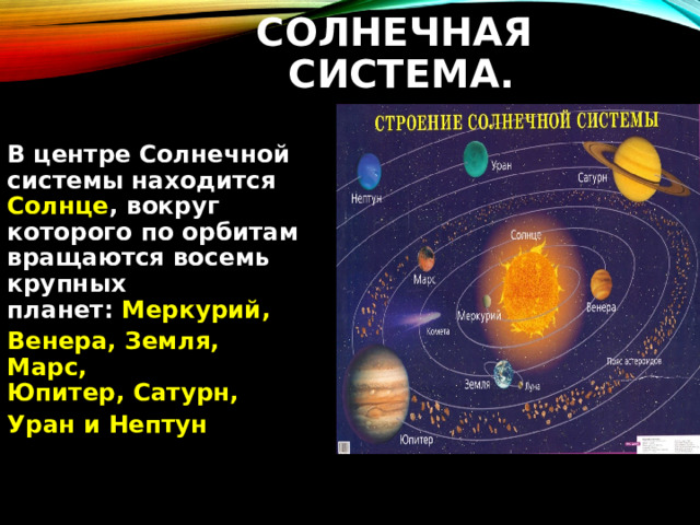 Солнечная система.  В центре Солнечной системы находится Солнце , вокруг которого по орбитам вращаются восемь крупных планет:  Меркурий,  Венера, Земля,  Марс, Юпитер, Сатурн,  Уран и Нептун  