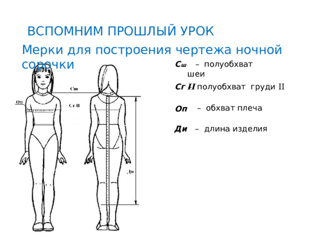 ВСПОМНИМ ПРОШЛЫЙ УРОК Мерки для построения чертежа ночной сорочки С ш – полуобхват шеи Сг II – полуобхват груди II – обхват плеча Оп Ди – длина изделия 