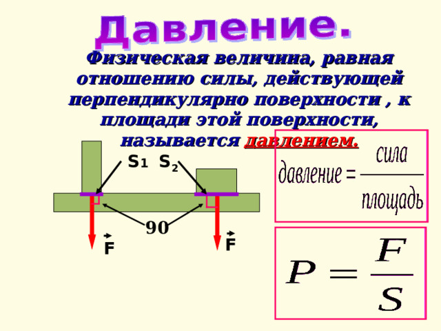 Физическая величина, равная отношению силы, действующей перпендикулярно поверхности , к площади этой поверхности, называется  давлением. S 2 S 1 90 F F 