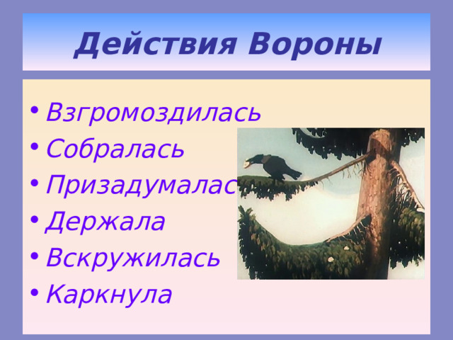 Действия Вороны  Взгромоздилась Собралась Призадумалась Держала Вскружилась Каркнула  