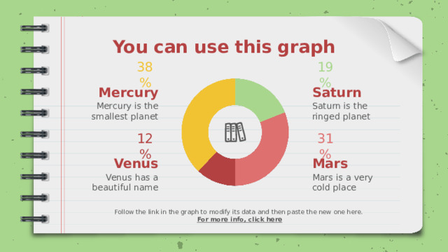 You can use this graph 38% 19% Mercury Saturn Saturn is the ringed planet Mercury is the smallest planet 31% 12% Venus Mars Venus has a beautiful name Mars is a very cold place Follow the link in the graph to modify its data and then paste the new one here. For more info, click here 