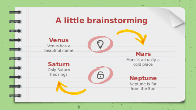 A little brainstorming Venus Venus has a beautiful name Mars Mars is actually a cold place Saturn Only Saturn has rings Neptune Neptune is far from the Sun 