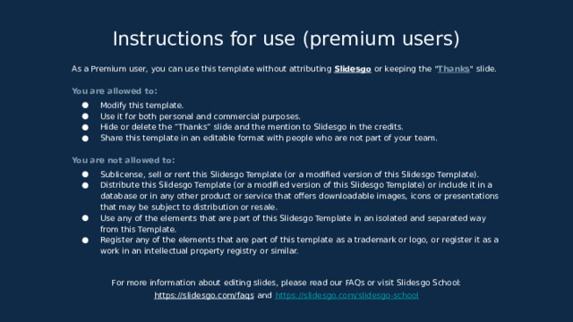 Instructions for use (premium users) As a Premium user, you can use this template without attributing Slidesgo or keeping the 