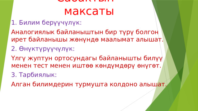 Сабактын максаты 1. Билим берүүчүлүк: Аналогиялык байланыштын бир түрү болгон ирет байланышы жөнүндө маалымат алышат. 2. Өнүктүрүүчүлүк: Үлгү жуптун ортосундагы байланышты билүү менен тест менен иштөө көндүмдөрү өнүгөт. 3. Тарбиялык: Алган билимдерин турмушта колдоно алышат. 