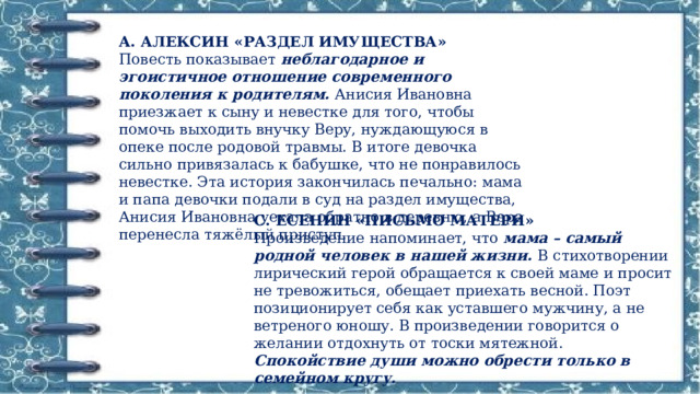 А. АЛЕКСИН «РАЗДЕЛ ИМУЩЕСТВА» Повесть показывает неблагодарное и эгоистичное отношение современного поколения к родителям. Анисия Ивановна приезжает к сыну и невестке для того, чтобы помочь выходить внучку Веру, нуждающуюся в опеке после родовой травмы. В итоге девочка сильно привязалась к бабушке, что не понравилось невестке. Эта история закончилась печально: мама и папа девочки подали в суд на раздел имущества, Анисия Ивановна уехала обратно в деревню, а Вера перенесла тяжёлый приступ. С. ЕСЕНИН «ПИСЬМО МАТЕРИ» Произведение напоминает, что мама – самый родной человек в нашей жизни. В стихотворении лирический герой обращается к своей маме и просит не тревожиться, обещает приехать весной. Поэт позиционирует себя как уставшего мужчину, а не ветреного юношу. В произведении говорится о желании отдохнуть от тоски мятежной. Спокойствие души можно обрести только в семейном кругу. 