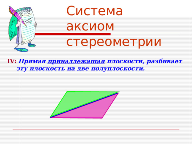 Система аксиом  стереометрии  IV :  Прямая принадлежащая плоскости, разбивает эту плоскость на две полуплоскости. 