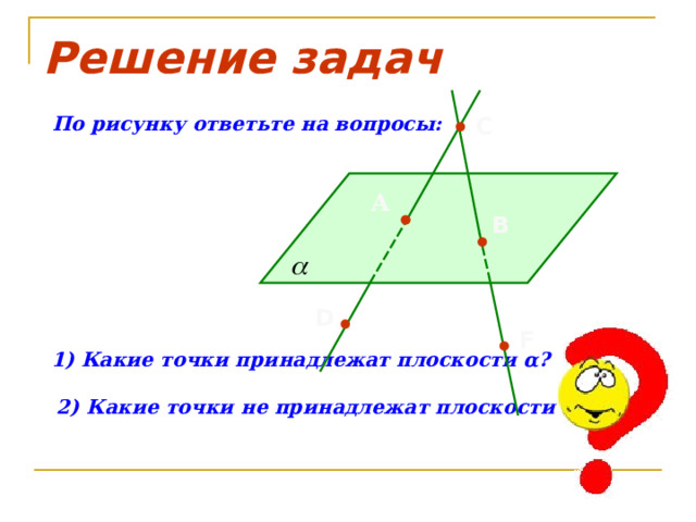 Решение задач  По рисунку ответьте на вопросы:   1) Какие точки принадлежат плоскости α ?   2) Какие точки не принадлежат плоскости α ? C A B D F 