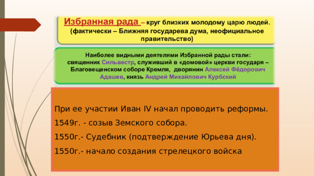 При ее участии Иван IV начал проводить реформы. 1549г. - созыв Земского собора. 1550г.- Судебник (подтверждение Юрьева дня). 1550г.- начало создания стрелецкого войска 