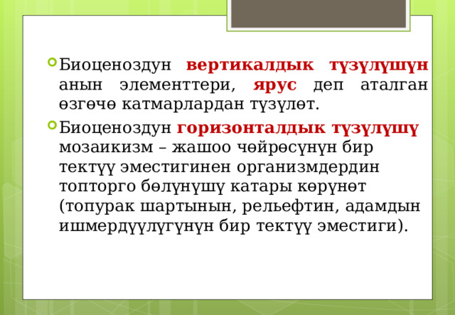 Биоценоздун вертикалдык түзүлүшүн анын элементтери, ярус деп аталган өзгөчө катмарлардан түзүлөт. Биоценоздун горизонталдык түзүлүшү мозаикизм – жашоо чөйрөсүнүн бир тектүү эместигинен организмдердин топторго бөлүнүшү катары көрүнөт (топурак шартынын, рельефтин, адамдын ишмердүүлүгүнүн бир тектүү эместиги).  