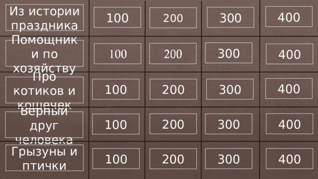 Из истории праздника 400 100 300 200 Помощники по хозяйству 300 400 Про котиков и кошечек 400 200 300 100 Верный друг человека 400 200 300 100 Грызуны и птички 300 400 100 200 