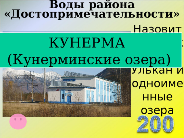 Воды района «Достопримечательности»   КУНЕРМА (Кунерминские озера) Назовите приток реки Улькан и одноименные озера  