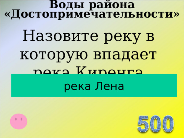 Воды района «Достопримечательности»   Назовите реку в которую впадает река Киренга река Лена  