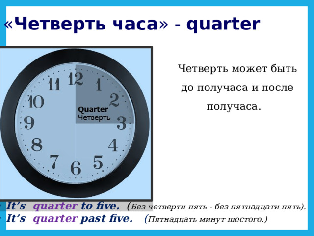 « Четверть часа » - quarter  Четверть может быть до получаса и после получаса.    It’s quarter to five. ( Без четверти пять - без пятнадцати пять).  It’s quarter past five.   ( Пятнадцать минут шестого.) 