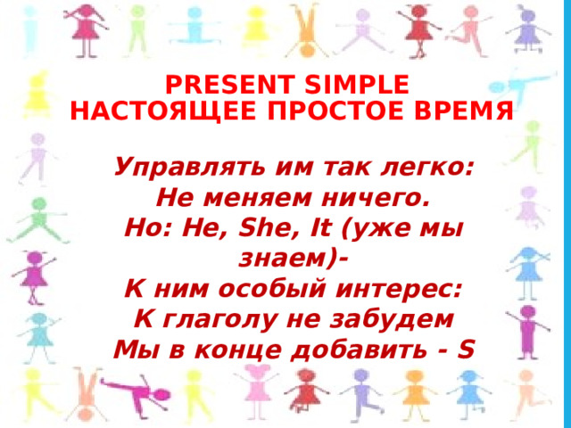 Present Simple  Настоящее простое время   Управлять им так легко: Не меняем ничего. Но: He, She, It (уже мы знаем)- К ним особый интерес: К глаголу не забудем Мы в конце добавить - S 