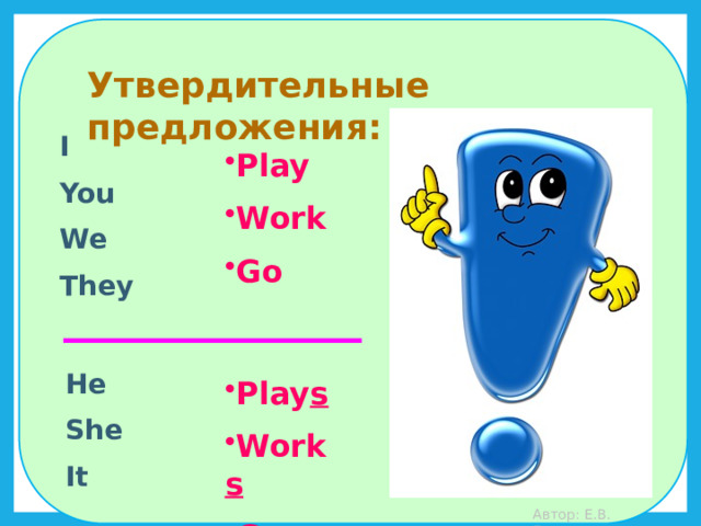 Утвердительные предложения: I You We They Play Work Go He She It Play s Work s Go es Автор: Е.В. Емельянова 