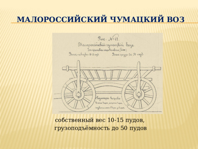 Малороссийский чумацкий воз собственный вес 10-15 пудов, грузоподъёмность до 50 пудов 
