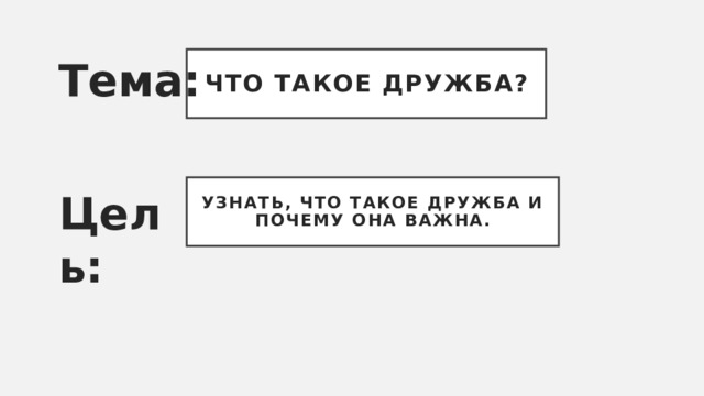 Что такое дружба? Тема: Узнать, что такое дружба и почему она важна. Цель: 