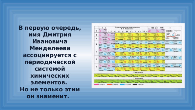 В первую очередь, имя Дмитрия Ивановича Менделеева ассоциируется с периодической системой химических элементов. Но не только этим он знаменит. 