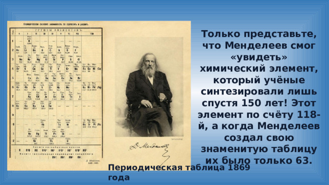 Только представьте, что Менделеев смог «увидеть» химический элемент, который учёные синтезировали лишь спустя 150 лет! Этот элемент по счёту 118-й, а когда Менделеев создал свою знаменитую таблицу их было только 63. Периодическая таблица 1869 года 