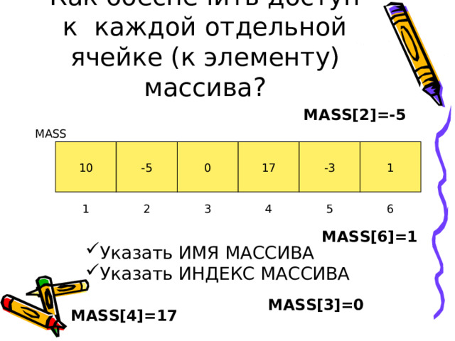 Как обеспечить доступ к каждой отдельной ячейке (к элементу) массива? MASS[2]=-5 MASS -5 0 17 -3 1 10 5 6 2 4 3 1 MASS[6]=1 Указать ИМЯ МАССИВА Указать ИНДЕКС МАССИВА MASS[3]=0 MASS[4]=17 