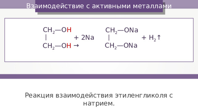 — — Взаимодействие с активными металлами CH 2 — O Н CH 2 — ONa + H 2 ↑ + 2 Na → CH 2 — ONa CH 2 — O Н Реакция взаимодействия этиленгликоля с натрием. 