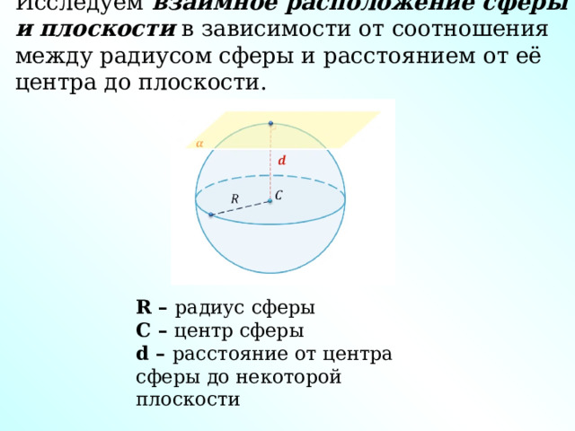 Исследуем взаимное расположение сферы и плоскости в зависимости от соотношения между радиусом сферы и расстоянием от её центра до плоскости. R – радиус сферы С – центр сферы d – расстояние от центра сферы до некоторой плоскости 
