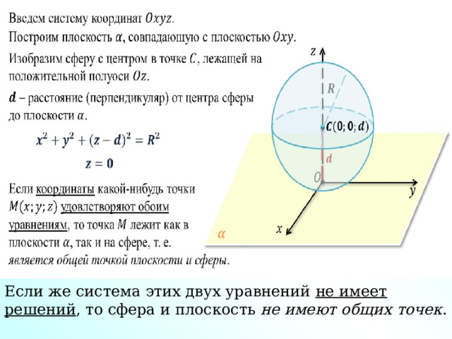 Если же система этих двух уравнений не имеет решений , то сфера и плоскость не имеют общих точек . 