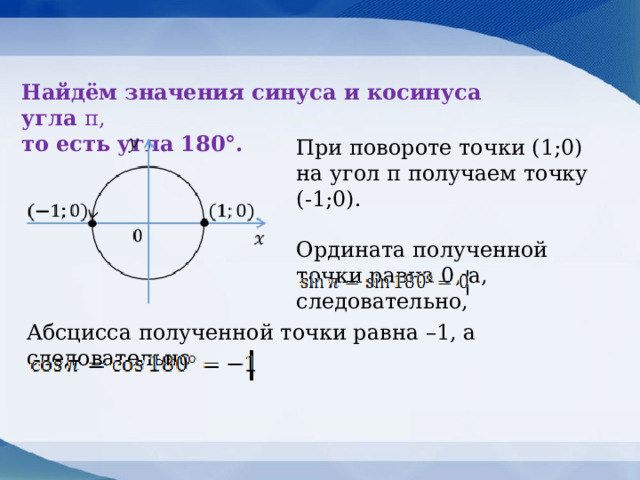 Найдём значения синуса и косинуса угла π,  то есть угла 180°.  При повороте точки (1;0) на угол π получаем точку (-1;0).  Ордината полученной точки равна 0, а, следовательно,  Абсцисса полученной точки равна –1, а следовательно 