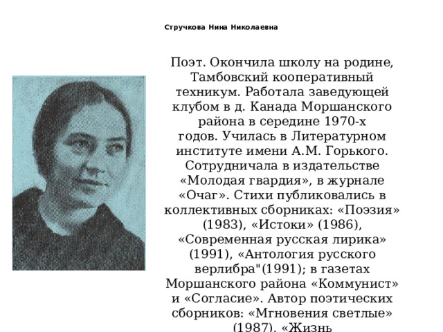  Стручкова Нина Николаевна   Поэт. Окончила школу на родине, Тамбовский кооперативный техникум. Работала заведующей клубом в д. Канада Моршанского района в середине 1970-х годов. Училась в Литературном институте имени А.М. Горького. Сотрудничала в издательстве «Молодая гвардия», в журнале «Очаг». Стихи публиковались в коллективных сборниках: «Поэзия» (1983), «Истоки» (1986), «Современная русская лирика» (1991), «Антология русского верлибра