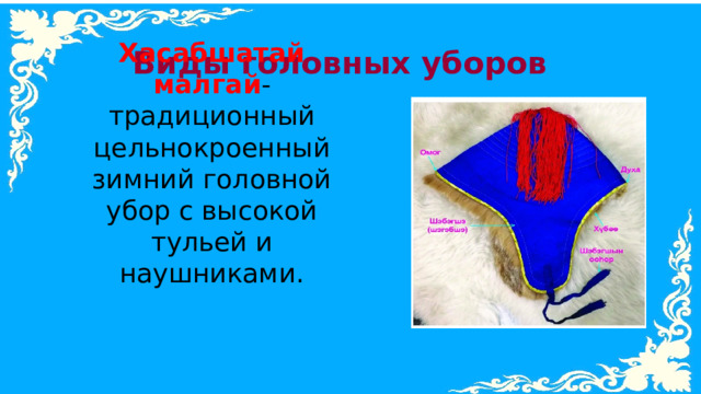 Виды головных уборов Хасабшатай малгай -традиционный цельнокроенный зимний головной убор с высокой тульей и наушниками. 