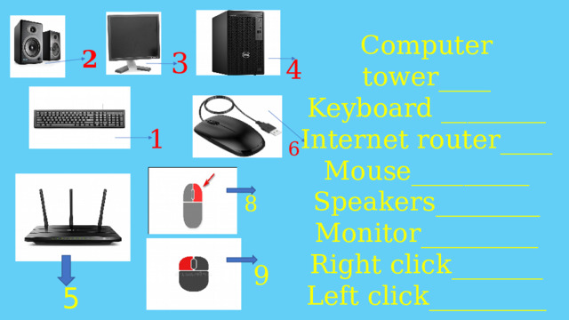 Computer tower____ Keyboard ________ Internet router____ Mouse_________ Speakers________ Monitor_________ Right click_______ Left click_________ 2 3 4 1 6 8 9 5 