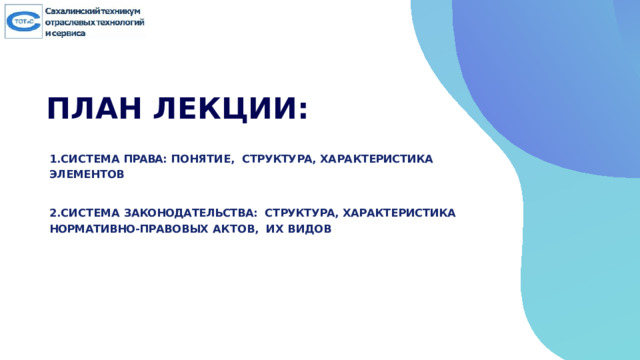ПЛАН ЛЕКЦИИ:  СИСТЕМА  ПРАВА:  ПОНЯТИЕ,  СТРУКТУРА,  ХАРАКТЕРИСТИКА  ЭЛЕМЕНТОВ  СИСТЕМА  ЗАКОНОДАТЕЛЬСТВА:  СТРУКТУРА, ХАРАКТЕРИСТИКА НОРМАТИВНО-ПРАВОВЫХ  АКТОВ,  ИХ ВИДОВ 