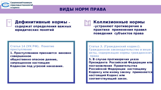 ВИДЫ НОРМ ПРАВА Коллизионные нормы –устраняют противоречие в практике применения правил поведения субъектов права Дефинитивные нормы – содержат определения важных юридических понятий Статья 14 (УК РФ). Понятие преступления 1. Преступлением признается виновно совершенное общественно опасное деяние, запрещенное настоящим Кодексом под угрозой наказания. Статья 3.  (Гражданский кодекс). Гражданское законодательство и иные акты, содержащие нормы гражданского права 5. В случае противоречия указа Президента Российской Федерации или постановления Правительства Российской Федерации настоящему Кодексу или иному закону применяется настоящий Кодекс или соответствующий закон. 