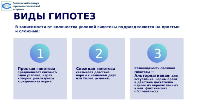ВИДЫ ГИПОТЕЗ В зависимости  от  количества  условий  гипотезы  подразделяются  на простые  и сложные: Сложная гипотеза связывает действие нормы с наличием двух или более условий. Разновидность сложной гипотезы — Альтернативная : для вступления нормы права в действие достаточно одного из перечисленных в ней фактических обстоятельств. Простая гипотеза предполагает какое-то одно условие, через которое реализуется юридическая норма. 1 2 3 1 3 2 