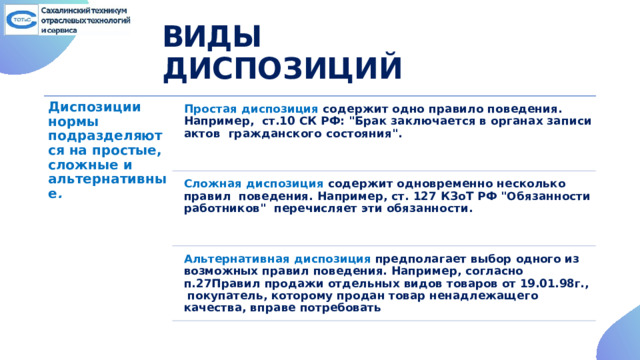 ВИД Ы  ДИСПО З ИЦ И Й Диспозиции нормы подразделяются на простые, сложные и альтернативные . Простая диспозиция содержит одно правило поведения. Например, ст.10 СК РФ: 