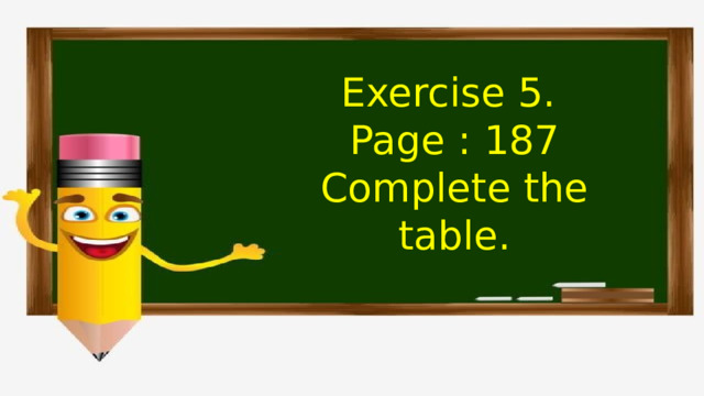 Exercise 5. Page : 187 Complete the table. 